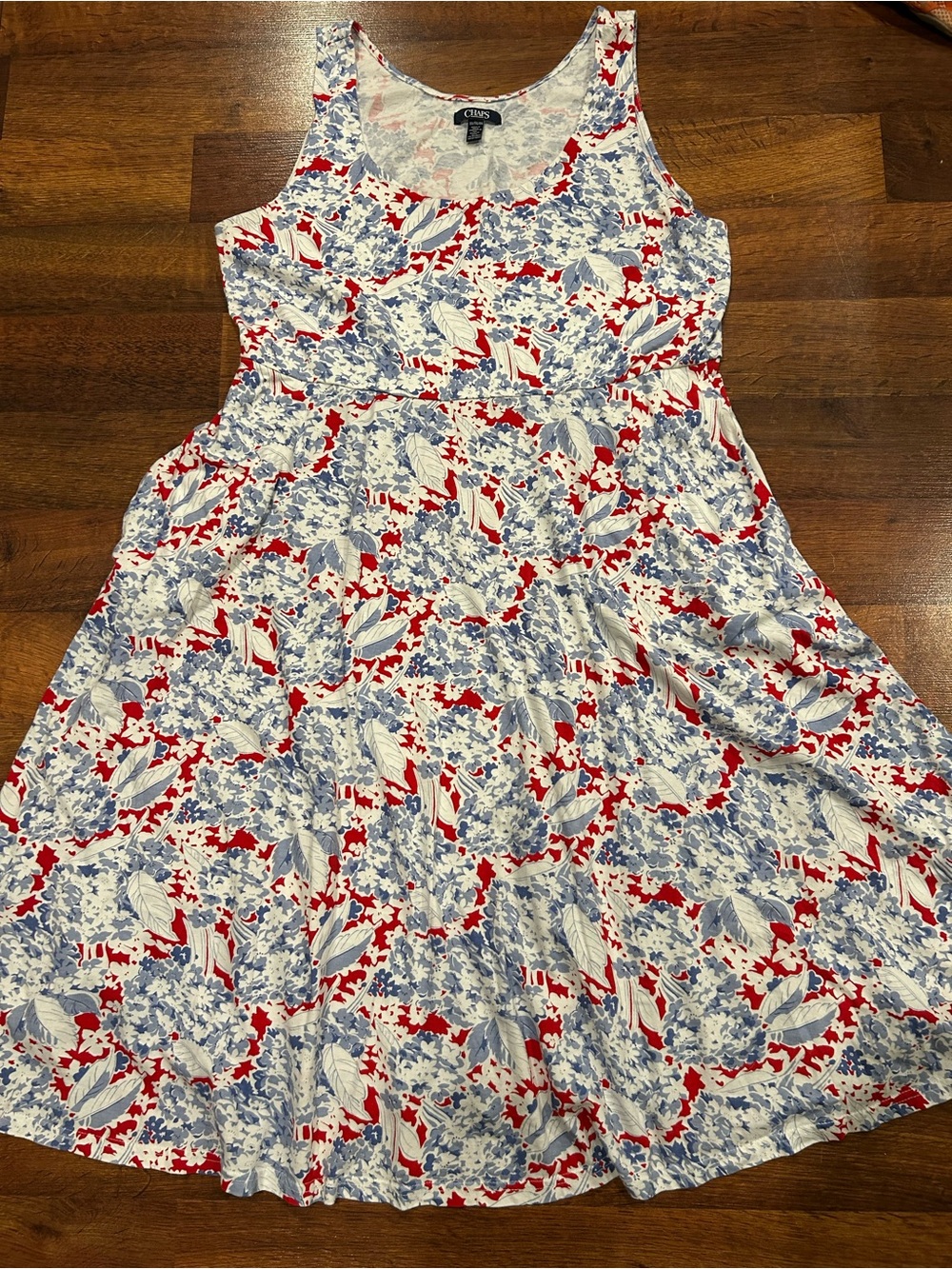 Chaps Women's Dress XXL Blue Red Floral 100% Cotton Midi Fit & Flare Pockets